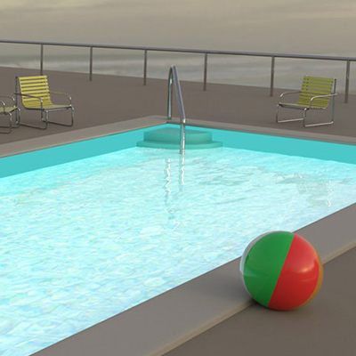 thumbnail image of a 3d illustration with a volla and a pool with a beach ball and blimp