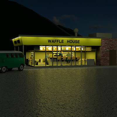 thumbnail image of a 3d illustraton of waffle house at night